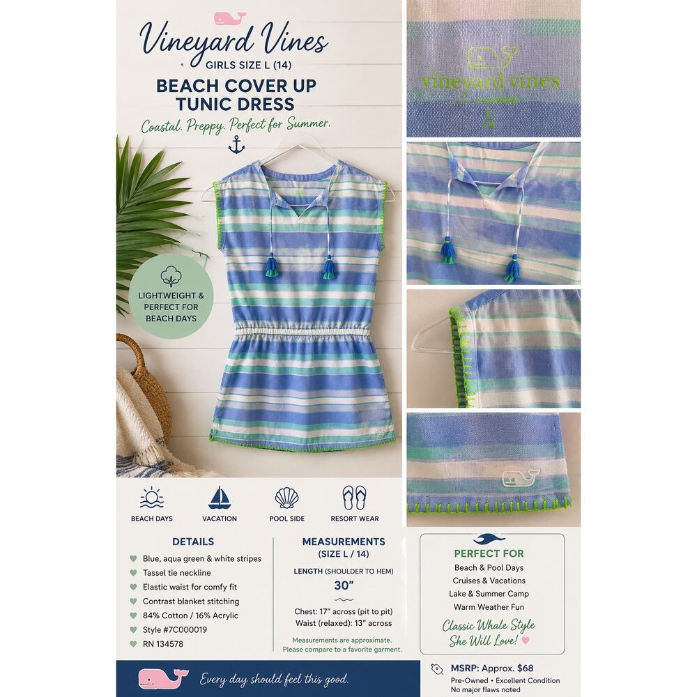 Vineyard Vines Girls L 14 Blue Green Stripe Beach Cover Up Tunic Dress Tassels
